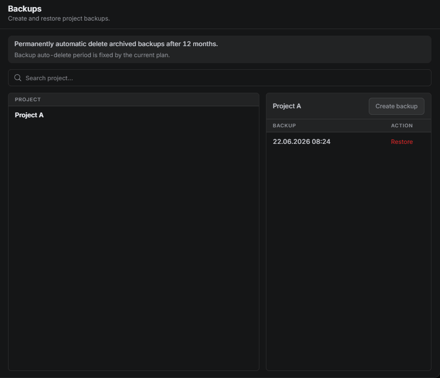 PHASI project backup history in dark mode