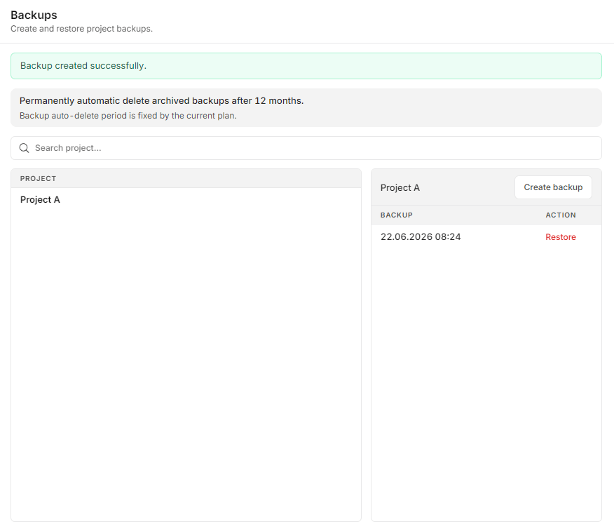 PHASI project backup history in light mode