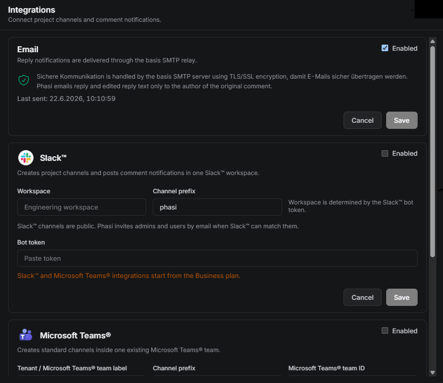 PHASI integrations and team update settings in dark mode