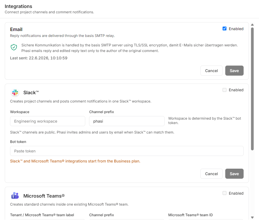 PHASI integrations and team update settings in light mode