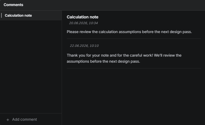 PHASI timeline comments panel in dark mode